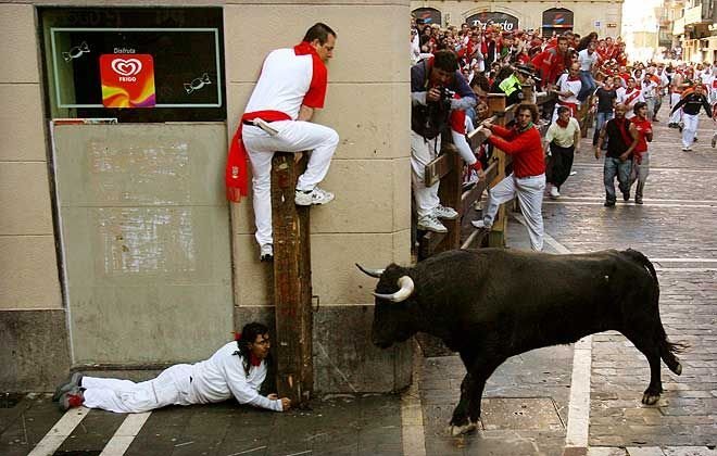 The Running of the Bulls (in Spanish encierro) is a practice that involves running in front of a small group of bulls that have been let loose, on a course of a sectioned-off subset of a town's streets.