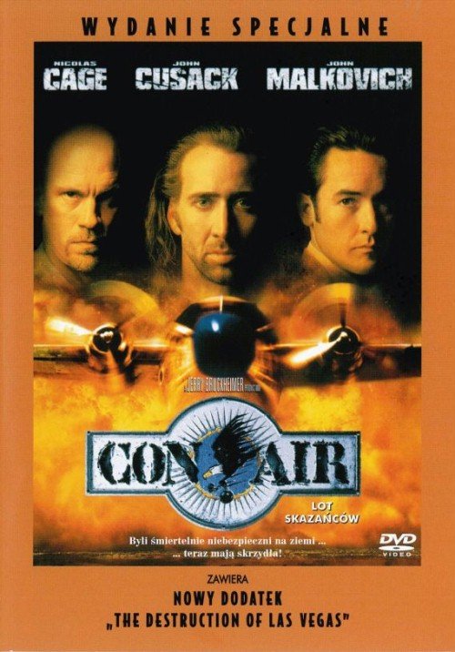 Con Air is an 1997 American action-thriller film starring Nicolas Cage, John Cusack, Colm Meaney and John Malkovich. Gulf War veteran and former Army Ranger Cameron Poe is sentenced to a maximum-security federal penitentiary for using excessive force and killing a drunk man who attempted to assault his pregnant wife, Tricia. Eight years later, Poe is paroled on good conduct, and eager to see his daughter Casey whom he has never met.