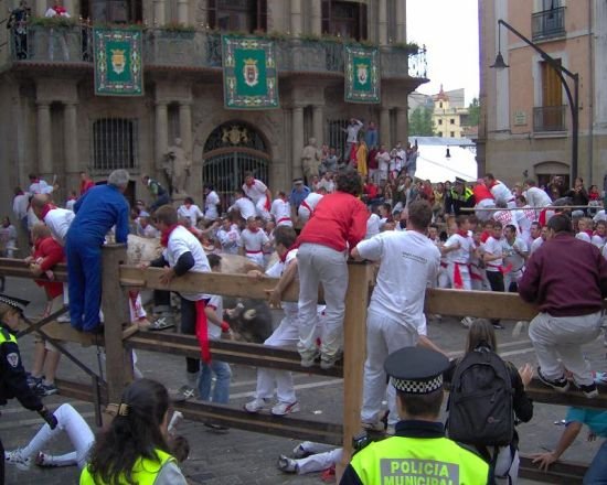 Before the running of the bulls, a set of wooden or iron barricades is erected to direct the bulls along the route and to block off side streets.